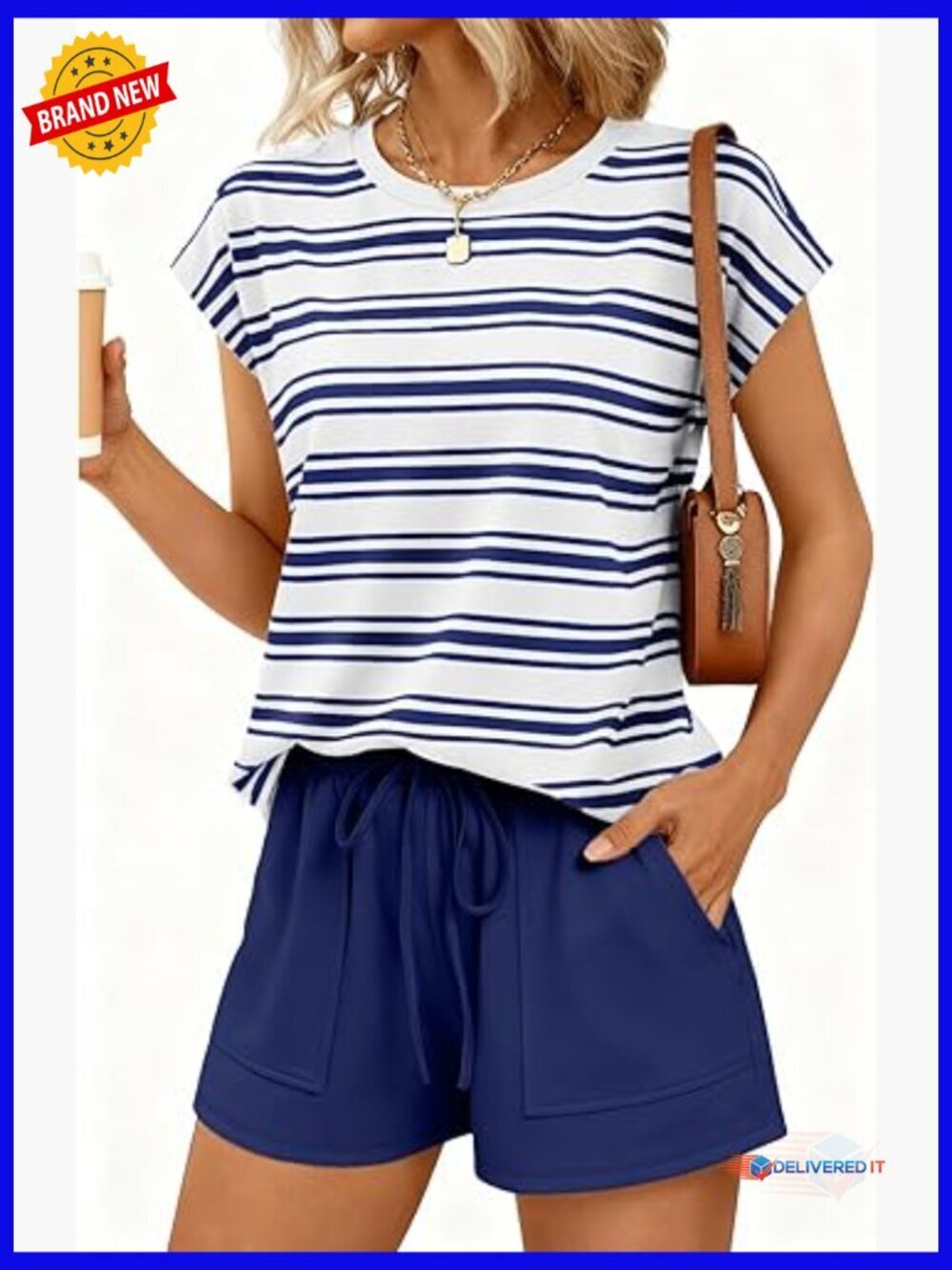 Crew Neck Two Piece Short Set - Cap Sleeve Drawstring Summer Sweatsuit with
